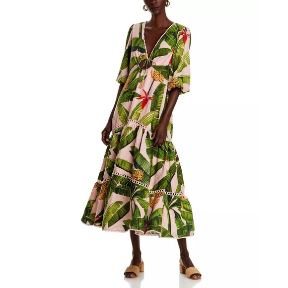 FARM Rio Dresses & Skirts - 285$ Farm Rio Banana Leaves Tiered A-Line Midi Dress Size M Pink Green